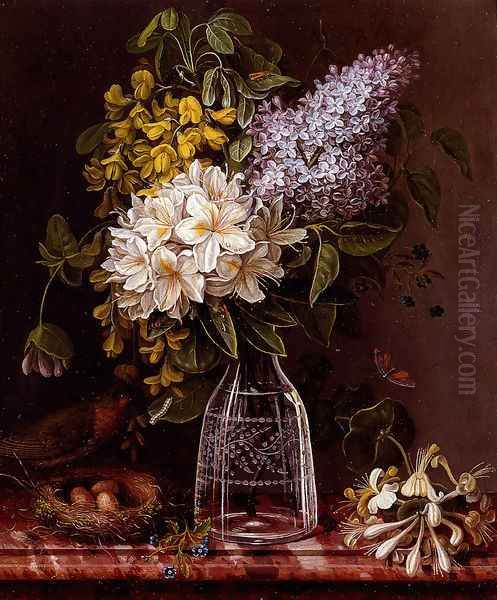 Still Life Of Lilacs And Other Flowers In A Glass Vase, Sprigs Of Honeysuckles, And A Bird Perched On A Nest, All Resting On A Marble Ledge Oil Painting by Theodore Jozef Sax