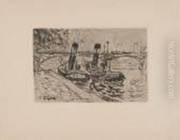 Le Pont Des Arts Avec Remorquers Oil Painting by Paul Signac