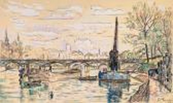 Le Pont Desarts In Paris, Mit Einem Baggerkran Und Schiffen Imvordergrund Oil Painting by Paul Signac