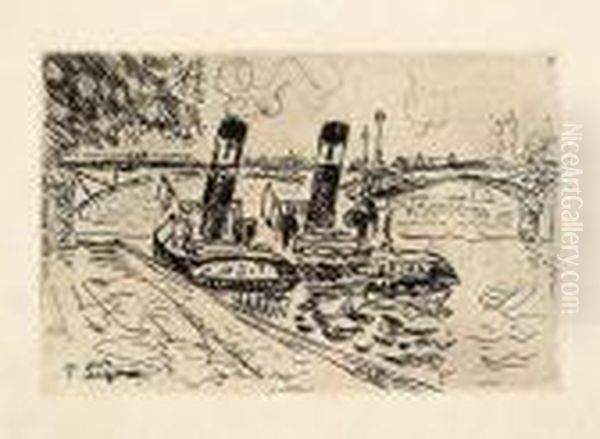 Le Pont Des Arts Avec Remorqueurs Oil Painting by Paul Signac