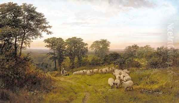 A shepherd and sheep in a wooded glade Oil Painting by George Shalders