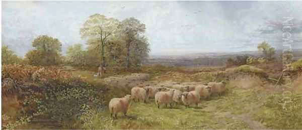 A shepherd with his flock in a moorland landscape Oil Painting by George Shalders