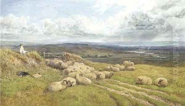 A shepherd and his flock in a meadow Oil Painting by George Shalders