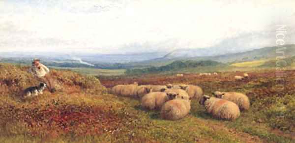 A Shepherd and Sheep in a hilly Landscape Oil Painting by George Shalders