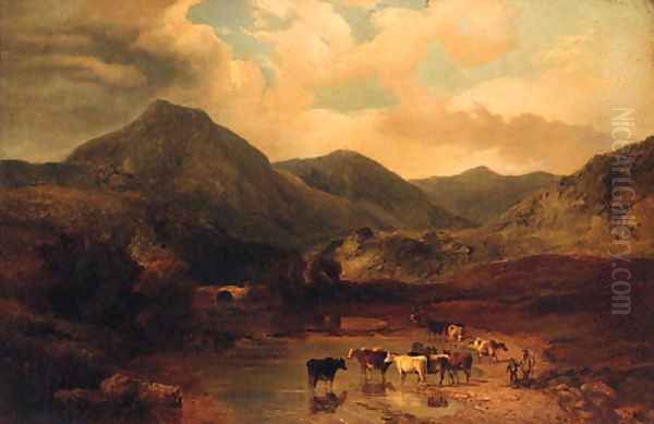 Cattle watering in a mountainous Landscape with a Drover and Child in the foreground Oil Painting by George Shalders