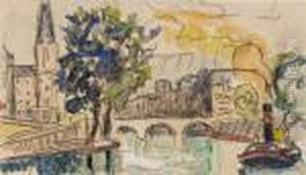 Die Seine Inparis, Mit Kirche, Brucke Und Schleppdampfer Oil Painting by Paul Signac