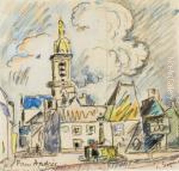 La Place De L'eglise, Chateauneuf-du-faou Oil Painting by Paul Signac