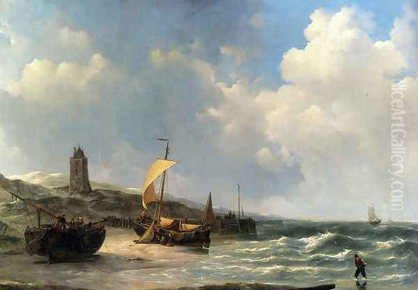 Fishing Boats At Low Tide Oil Painting by Jan Christianus Schotel