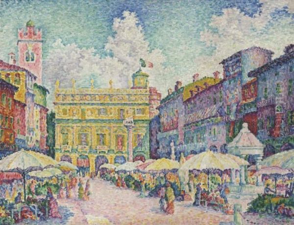 Marche De Verone (la Place Aux Herbes) Oil Painting by Paul Signac