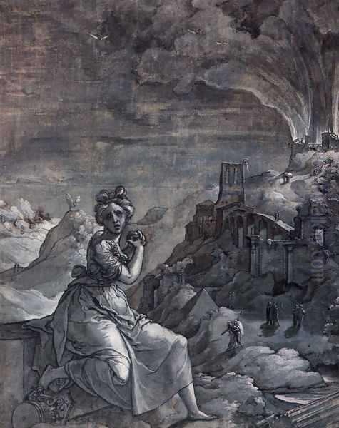 Woman Lamenting by a Burning City 1550-55 Oil Painting by Jan Swart Van Groningen