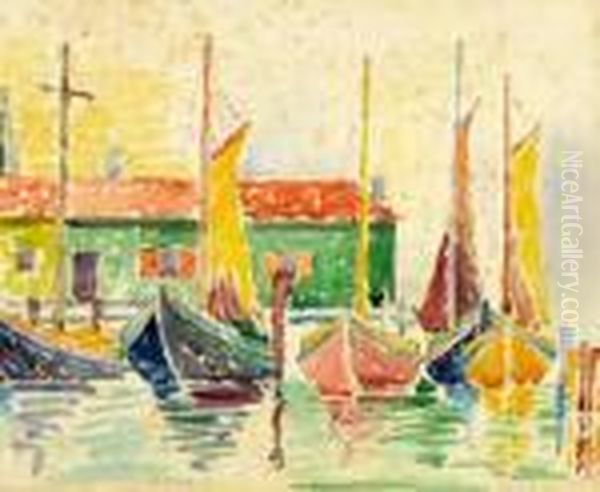 Boats In A Harbor Oil Painting by Paul Signac