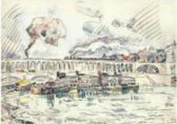 Viaduc Et Bateau Mouche A Auteuil Oil Painting by Paul Signac