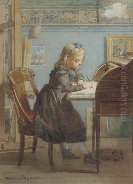 A young girl at her writing desk Oil Painting by Paul Constant Soyer