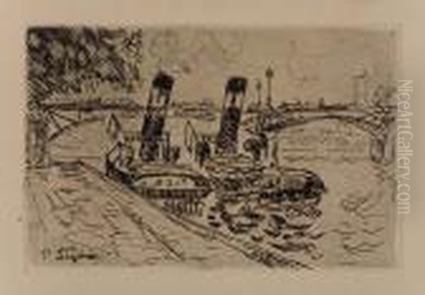 Paris: Le Pont Des Arts Avec Remorqueurs Oil Painting by Paul Signac