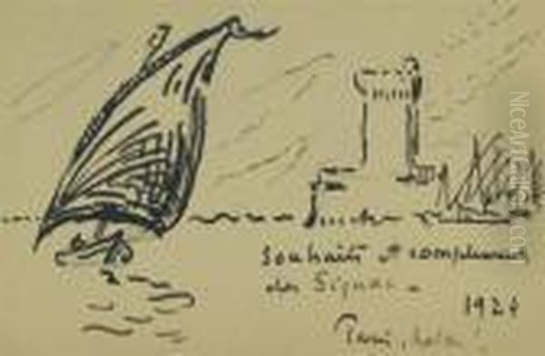 Sketch Of A Sailboat And Castle Oil Painting by Paul Signac