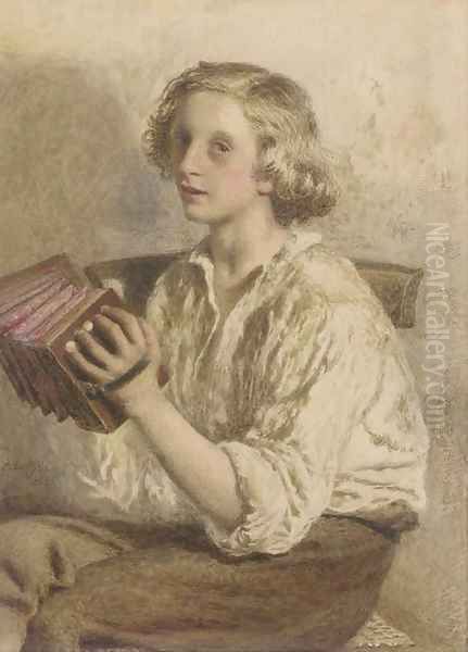 The accordian player Oil Painting by Frederick Smallfield, A.R.W.S.