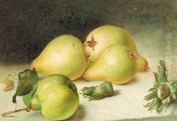 Still-life with a pear, quinces and beechnuts Oil Painting by Frederick Smallfield, A.R.W.S.