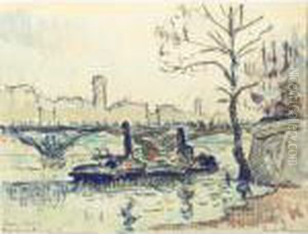 Paris, Pont Des Arts- Les Remoroqueurs Oil Painting by Paul Signac