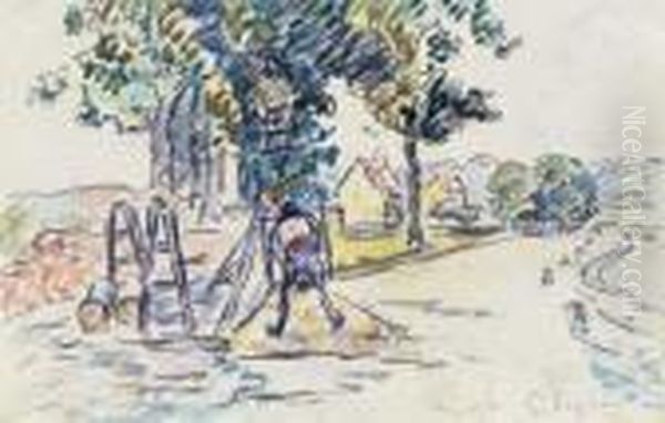 Samois, Travailleurs Sur La Route Oil Painting by Paul Signac