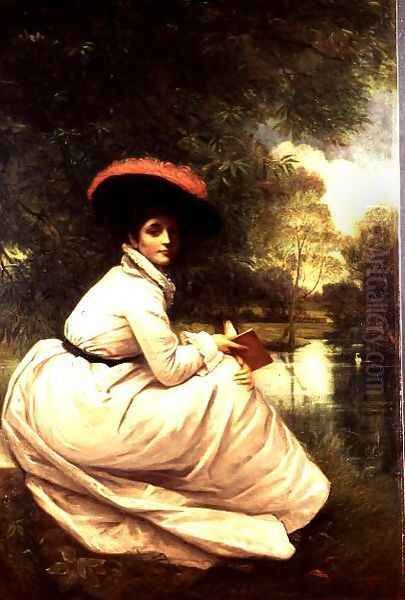 Portrait of a Lady in White Holding a Book by a Lake Oil Painting by George Adolphus Storey