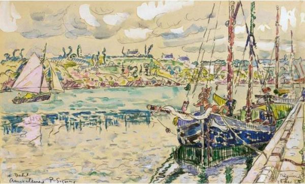 Treguier, Bateaux A Quai Oil Painting by Paul Signac