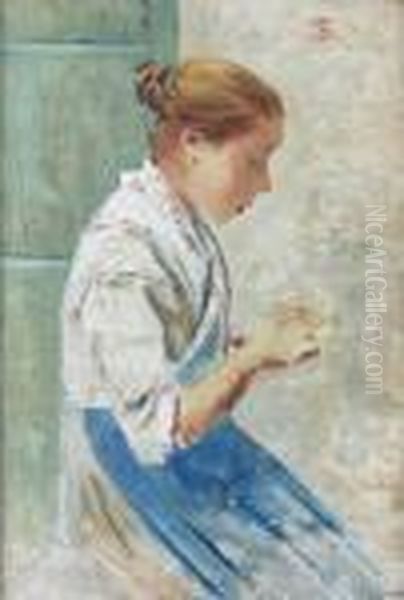 Bambina Che Cuce Oil Painting by Telemaco Signorini