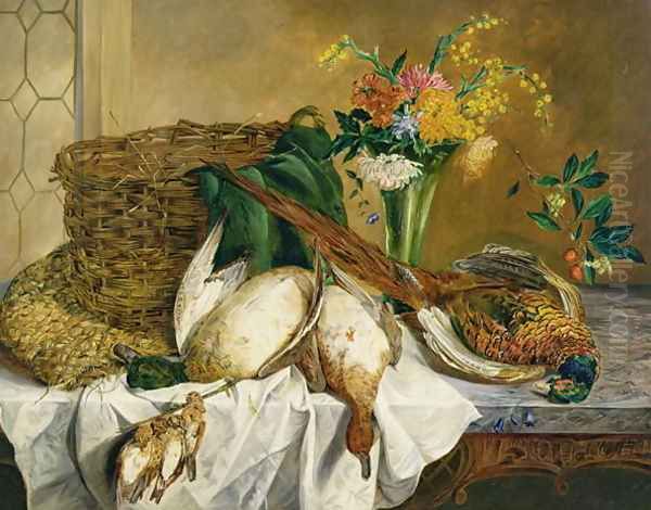 Still life of ducks, pheasant and flowers, 1855 Oil Painting by Emily Stannard