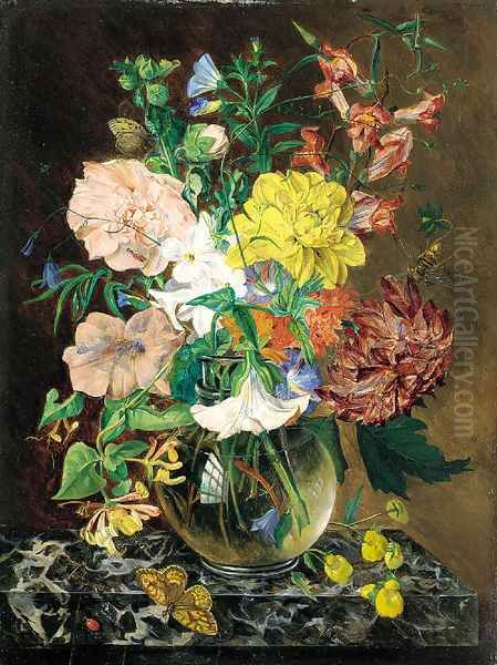 Still life of chrysanthemums, narcissi, honeysuckle, sweetpeas, and convulvulus in a glass vase, with a butterfly and a ladybird, on a marble ledge Oil Painting by Emily Stannard