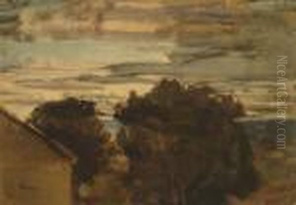 Paesaggio Con Casa, Alberi E Cielo Nuvoloso Oil Painting by Telemaco Signorini