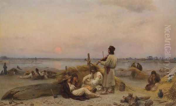 Raftsmen by the Vistula River Oil Painting by Wilhelm August Stryowski (Stryjowski)