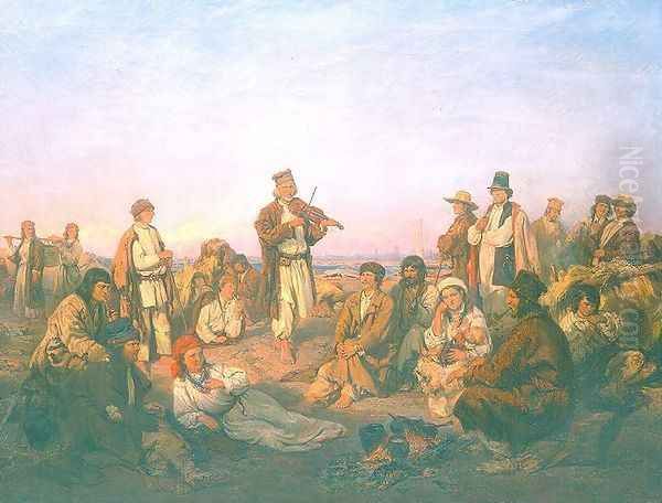 Raftsmen's Camp by the Vistula River Oil Painting by Wilhelm August Stryowski (Stryjowski)