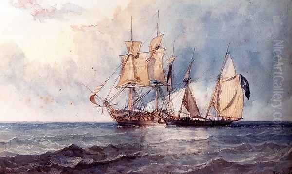 A Man-O-War And Pirate Ship At Full Sail On Open Seas Oil Painting by Clarkson Stanfield