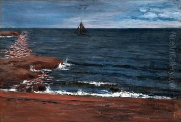 Seascape In Moonlight Oil Painting by Hugo Simberg