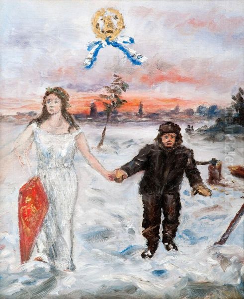 The Angel And The Lumberjack Oil Painting by Hugo Simberg