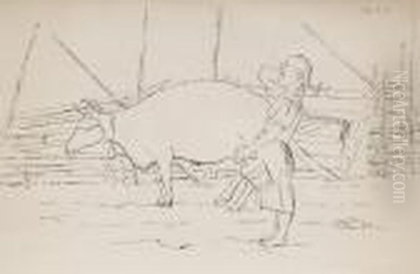 Milking The Cow In The Morning Oil Painting by Hugo Simberg