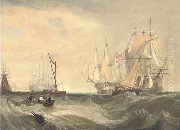 H.M. Ships Nemesis and Arrow bringing the Danish frigate Freja and her convoy into the Downs in July 1800 Oil Painting by Clarkson Stanfield