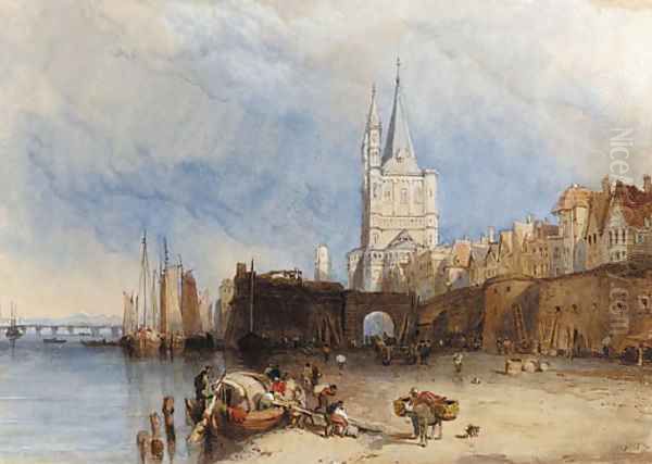 Figures unloading a barge in Cologne Harbour Oil Painting by Clarkson Stanfield