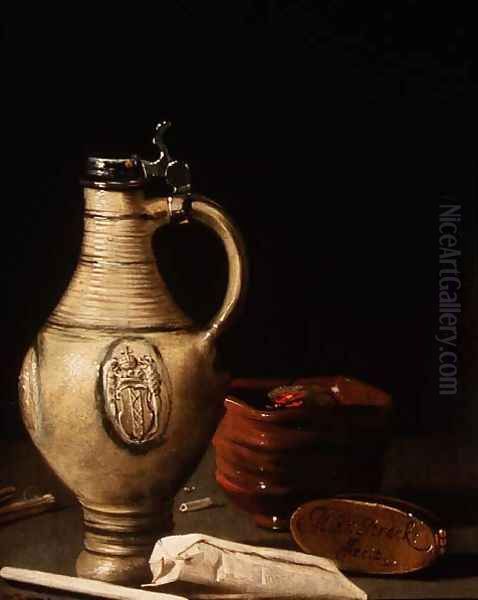 Still life with an Amsterdam earthenware ewer, bowl of charcoal and tobacco pouch Oil Painting by Hendrick van Streeck