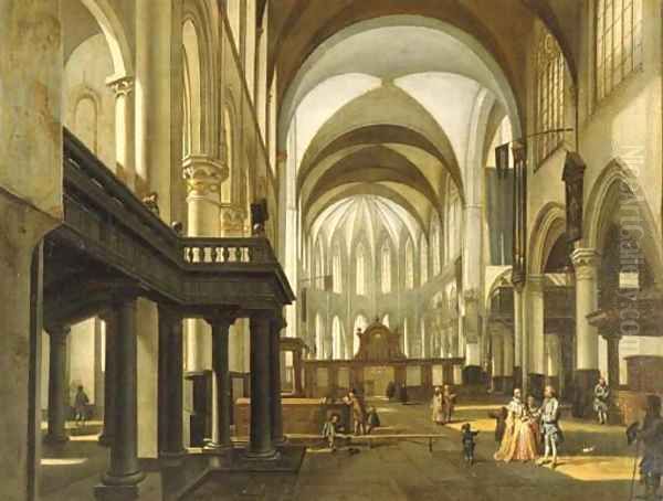 A view of the Oude Kerk, Amsterdam, looking towards the choir with an elegant couple and children in the nave Oil Painting by Hendrick van Streeck