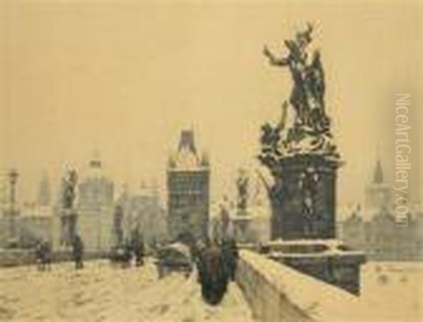 Charles Bridge In Winter Oil Painting by Tavik Frantisek Simon