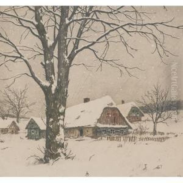 Cottages In Winter Oil Painting by Tavik Frantisek Simon