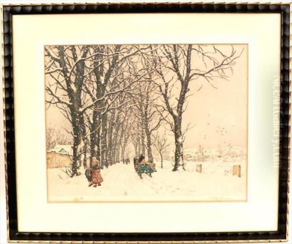 Snowy Landscape With Figures Oil Painting by Tavik Frantisek Simon