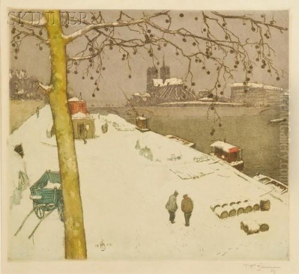 Barges On The Seine In Winter Oil Painting by Tavik Frantisek Simon