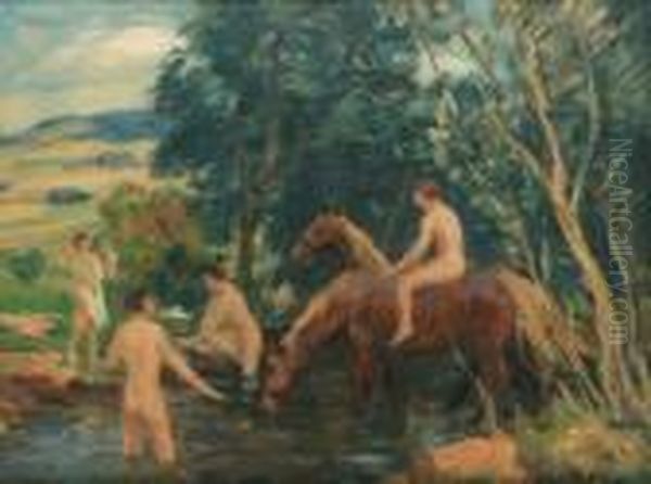 Horses In A Brook Oil Painting by Tavik Frantisek Simon