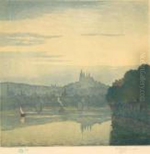 A View Of The River Vltava With Prague Castle Oil Painting by Tavik Frantisek Simon