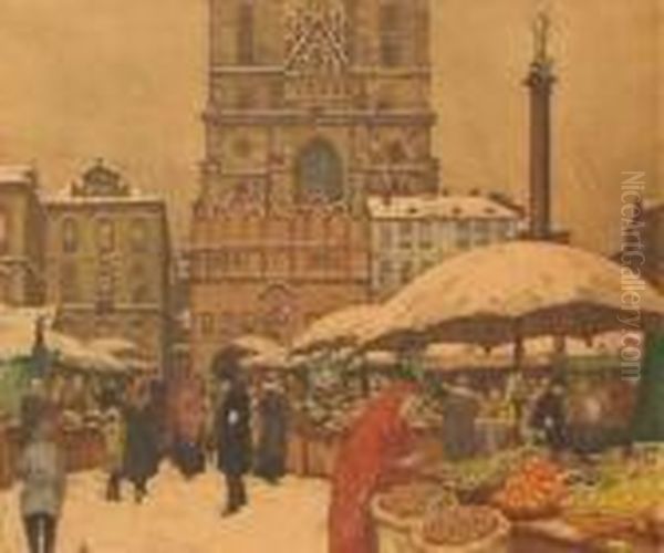 Food Stalls, Market In Prague Oil Painting by Tavik Frantisek Simon