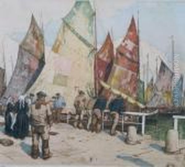 Men Watching Boats Oil Painting by Tavik Frantisek Simon