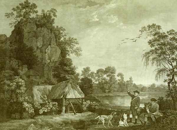 Two Gentlemen Going a Shooting, with a View of Creswell Crags, Taken on the Spot, Plate 1 Oil Painting by George Stubbs