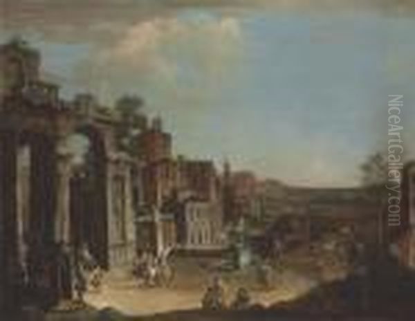 A Capriccio Landscape With Figures By A Town Gate Oil Painting by Francesco Simonini