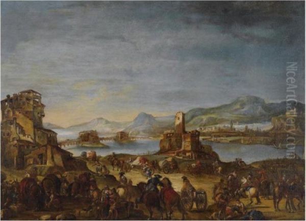 A River Landscape With Figures Preparing For Battle Oil Painting by Francesco Simonini